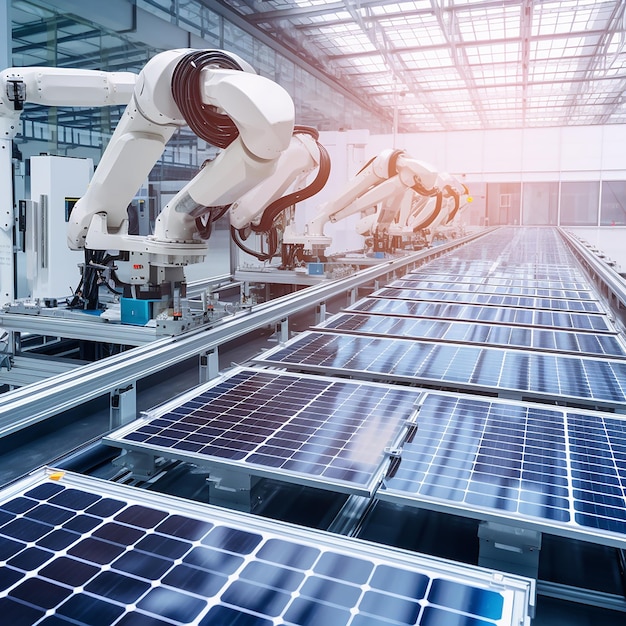 Gran línea de producción con brazos de robots industriales blancos en la fábrica moderna de paneles solares brillantes están siendo
