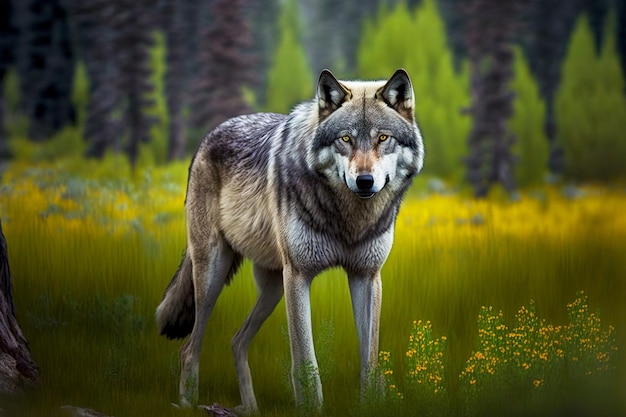 Gran lobo gris caminando por el campo para la cabeza de lobo canin sobre fondo borroso