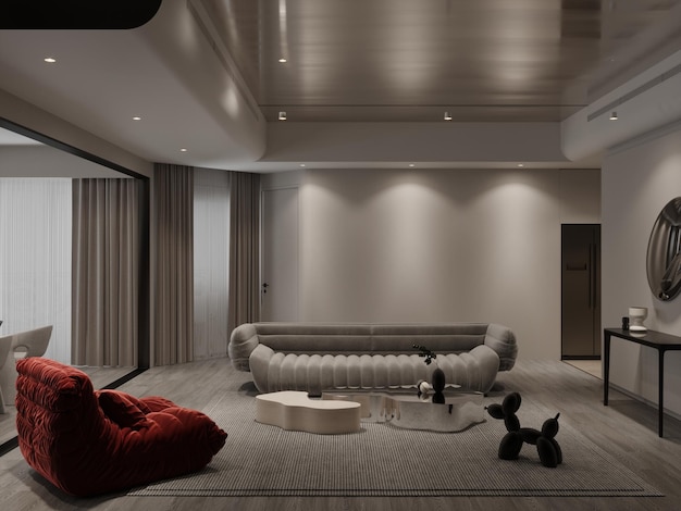 Gran lujo, moderno, mínimo, brillante, interior, habitación, maqueta, ilustración, 3D, interpretación