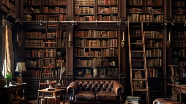 una gran y lujosa biblioteca privada de estilo antiguo