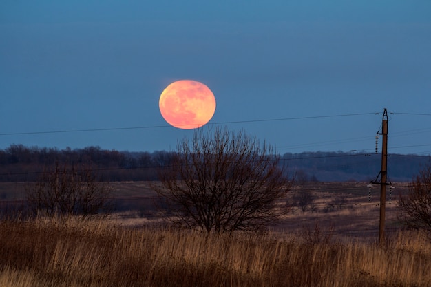 Gran luna plateada brillante en un cielo azul