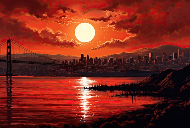 Foto una gran luna roja en el estilo del renacimiento de san francisco. imagen de bart sears. vistas de la costa y el puerto.
