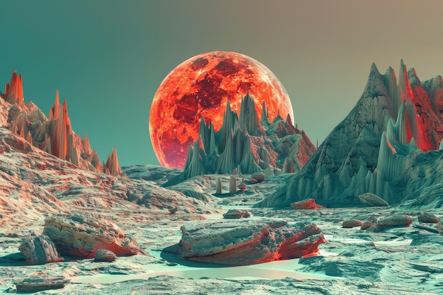 la gran luna roja que se levanta en el planeta desierto