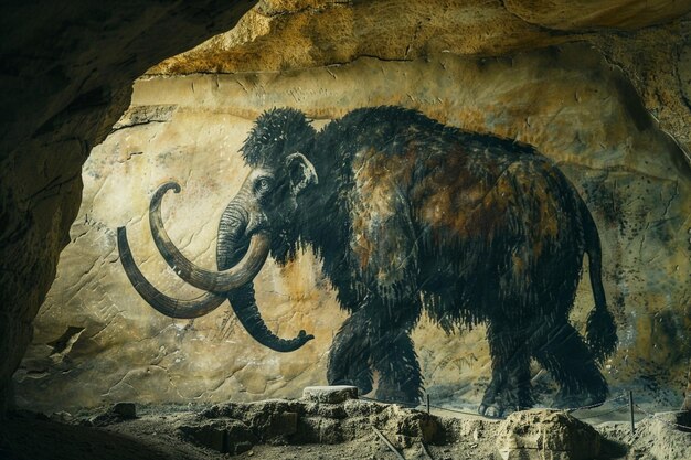 Foto un gran mamut con una cabeza grande está pintado en una pared