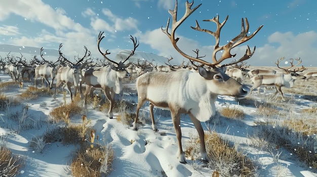 Una gran manada de renos caminando por un campo nevado los animales están juntos y tienen las cabezas hacia abajo mientras caminan