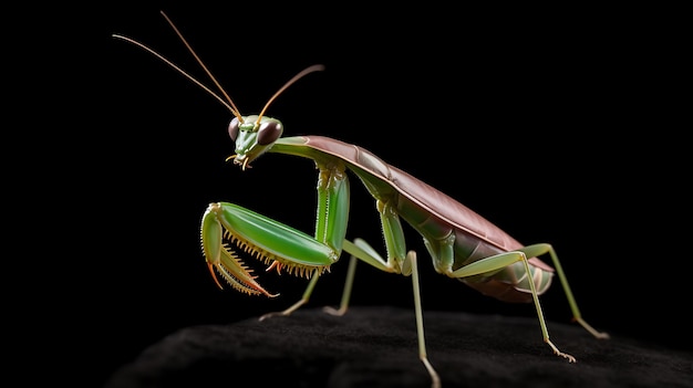 Una gran mantis religiosa verde sobre un fondo negro Ai Generativo