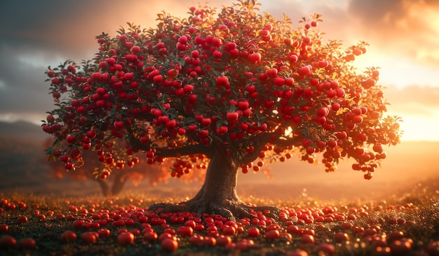 Un gran manzano con muchas manzanas maduras Esta foto muestra un magnífico manzano que está lleno de una abundancia de manzanas rojas maduras colgando de sus ramas