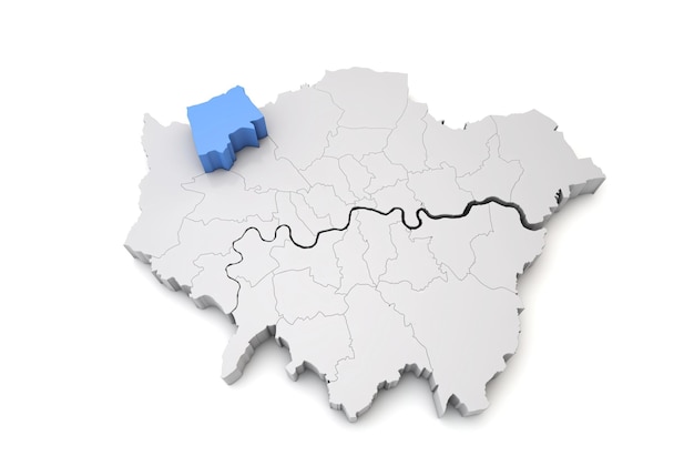 Gran mapa de Londres que muestra el distrito de Harrow en representación azul d