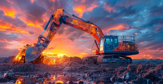 Una gran máquina de construcción está cavando en el suelo con el cielo en el fondo con una hermosa puesta de sol