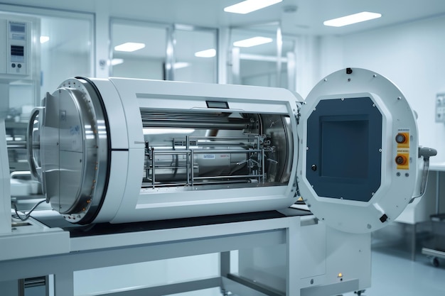 Una gran máquina industrial ubicada dentro de un amplio almacén que muestra su intrincado mecanismo en movimiento Imagen rasterizada de un esterilizador de autoclave AI Generado