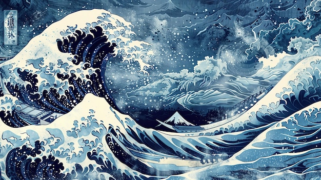 Un gran mar de olas japonés Japón grabado diseño de arte en un estilo intaglio de grabado en madera vintage