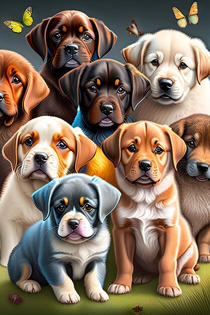 Gran maraña de muchas razas de cachorros felices y alegres jugando Obras de arte digitales