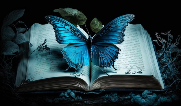 Gran mariposa azul sobre el viejo libro grueso Algunas piedras y plantas alrededor Fondo negro IA generativa
