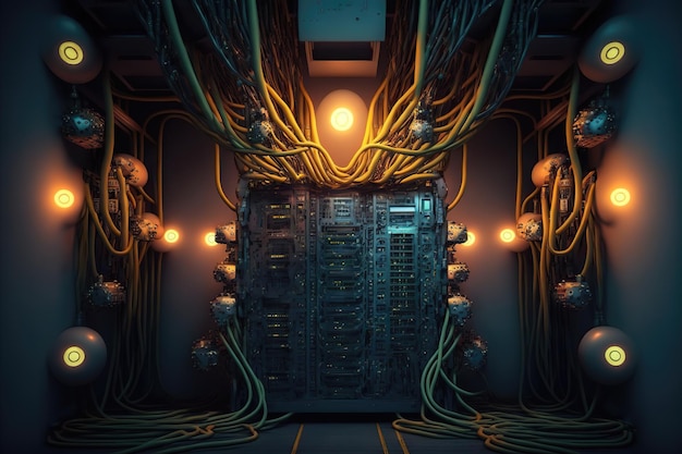 Gran megacomputadora cuántica Centro de computación fantasía cyberpunk Cables del servidor de la computadora Ilustración 3d