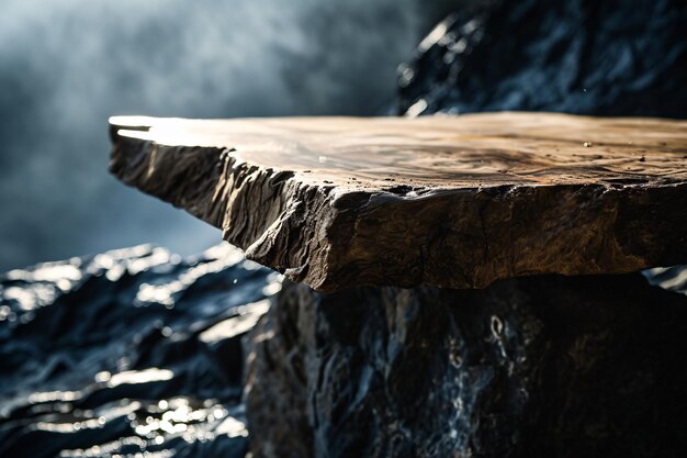 Una gran mesa de madera en una superficie rocosa IA generativa