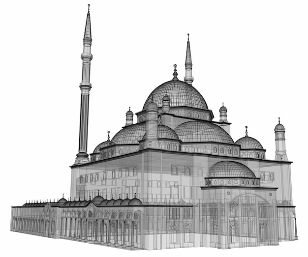 Una gran mezquita musulmana, una ilustración de trama tridimensional con curvas de nivel que resaltan los detalles de la construcción. El edificio tiene paredes transparentes. Representación 3D.