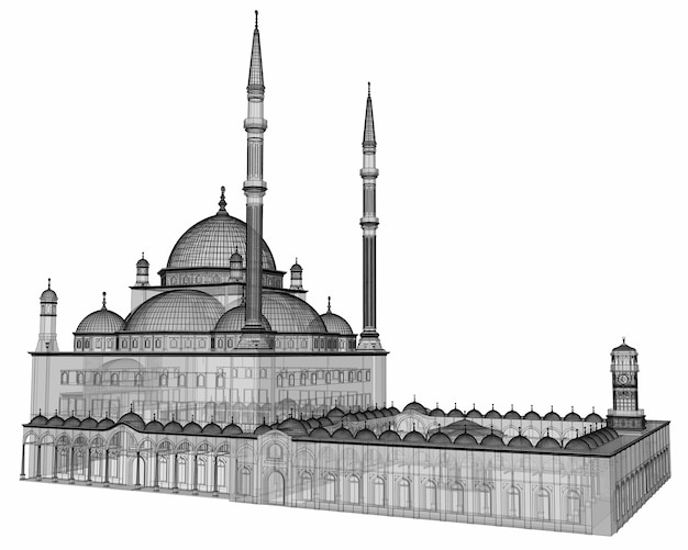 Una gran mezquita musulmana, una ilustración de trama tridimensional con curvas de nivel que resaltan los detalles de la construcción. El edificio tiene paredes transparentes. Representación 3D.