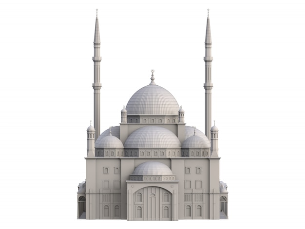 Una gran mezquita musulmana, una ilustración de trama tridimensional con curvas de nivel que resaltan los detalles de la construcción. Representación 3D.