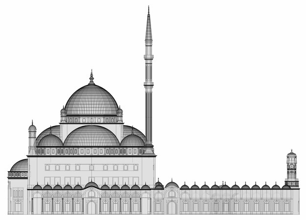 Una gran mezquita musulmana, una ilustración de trama tridimensional con líneas de contorno que resaltan los detalles de la construcción