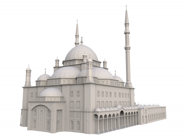 Una gran mezquita musulmana, trama tridimensional con líneas de contorno que resaltan los detalles de la construcción