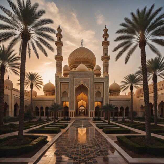 Una gran mezquita con palmeras delante.