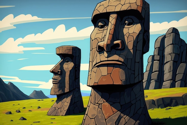 Gran Moai en Ahu Tongariki en Isla de Pascua Chile en primer plano