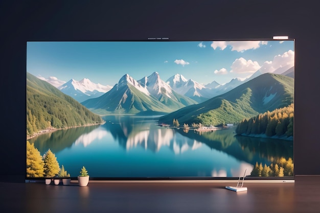 Un gran monitor lg con una escena de montaña en la pantalla.