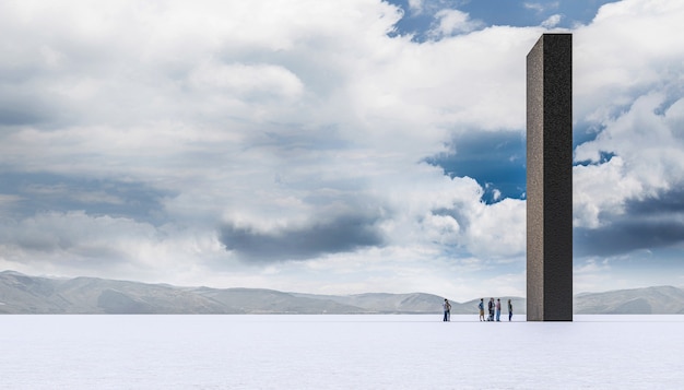 Gran monolito negro en el desierto y grupo de personas esperando. Imágenes y modelos de render 3d