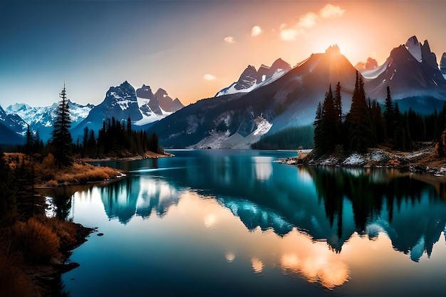 una gran montaña en el lago y el sol brillando detrás