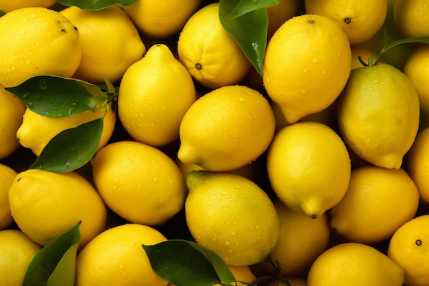 Un gran montón de limones con hojas verdes en la parte superior.