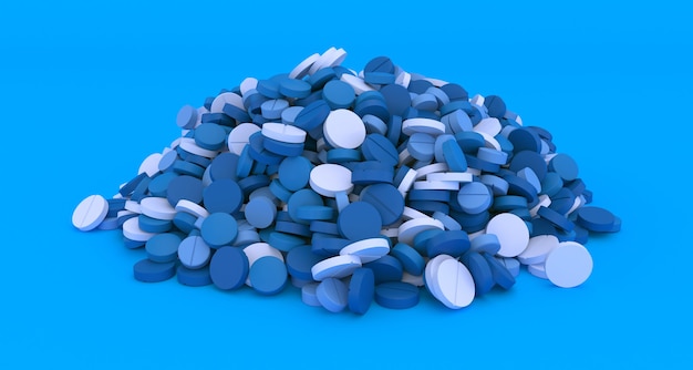 Gran montón de píldoras azules sobre fondo azul de cerca, ilustración 3d