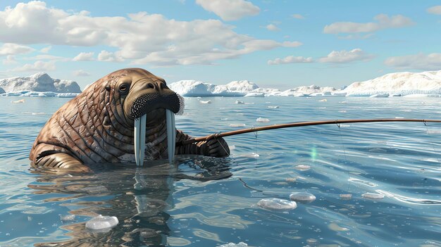 Foto una gran morsa está sentada en el océano ártico con una caña de pescar en su aleta el fondo es una vasta extensión de hielo y nieve