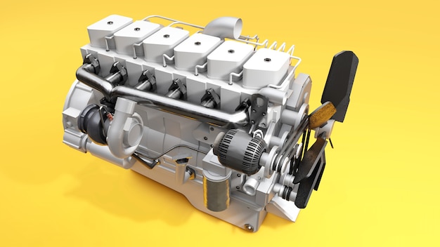 Un gran motor diesel con el camión representado. Representación 3D.