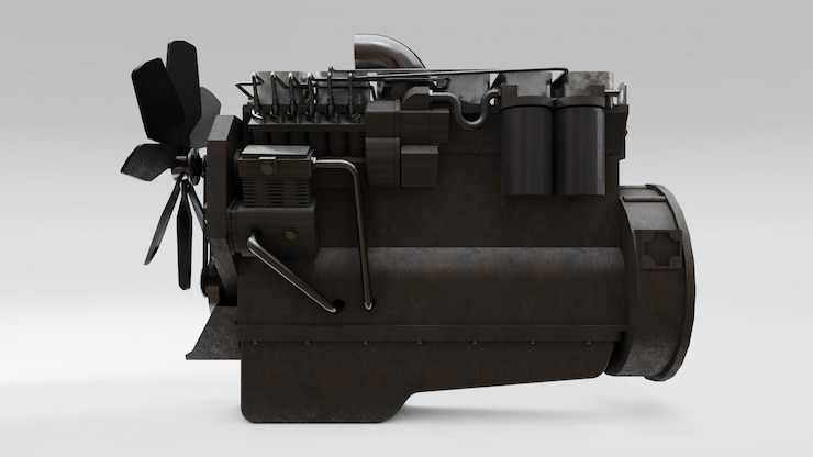 Foto un gran motor diesel con el camión representado. representación 3d.