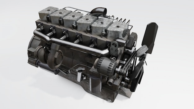 Un gran motor diesel con el camión representado. Representación 3d