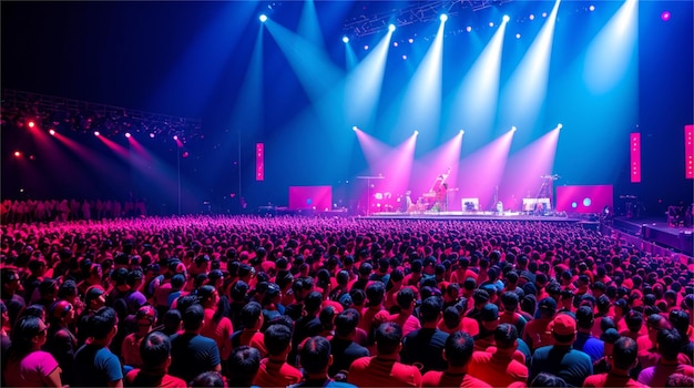 Una gran multitud en un concierto con un escenario iluminado con luces rosas.