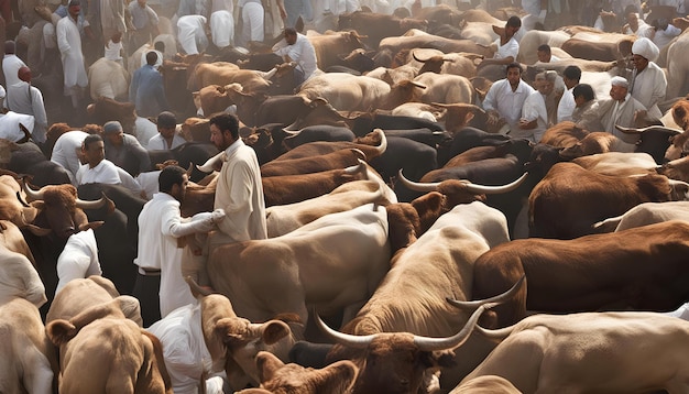 una gran multitud de hombres se han reunido alrededor de las vacas