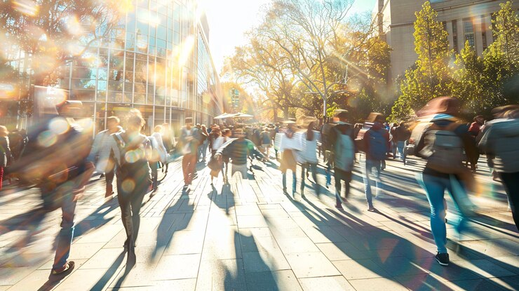 Gran multitud de personas caminando por una calle de la ciudad en un día soleado