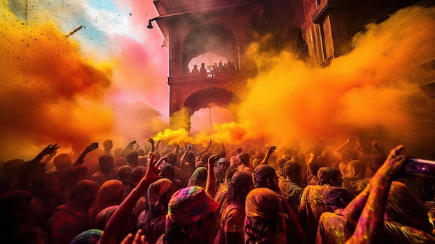 Una gran multitud de personas celebra un festival con humo de colores.