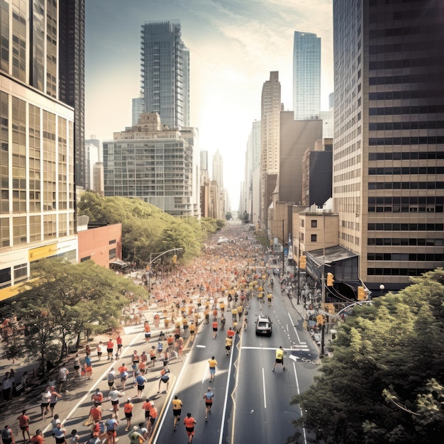 Foto una gran multitud de personas corre por una calle frente al horizonte de la ciudad.