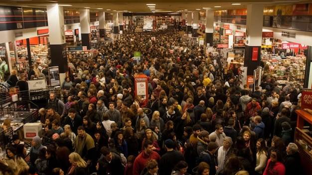 Una gran multitud de personas dentro de una tienda con un cartel que dice "estamos aquí".