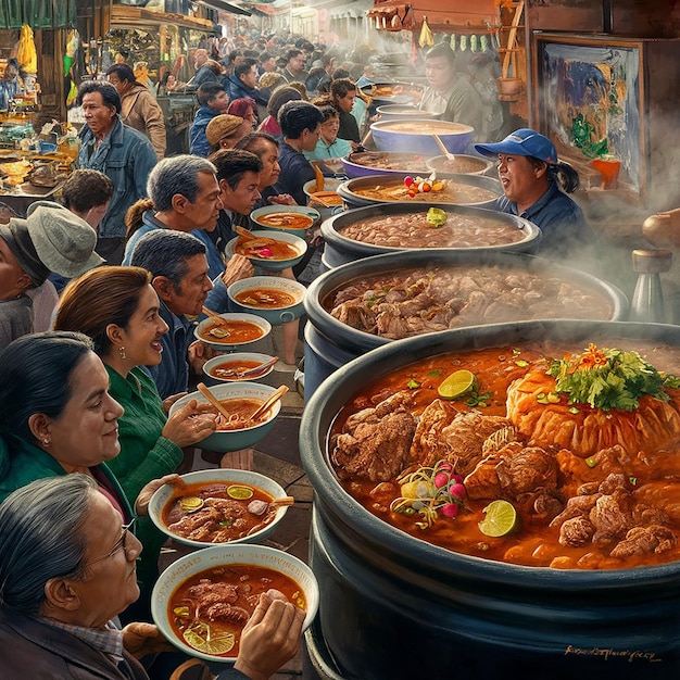 una gran multitud de personas está comiendo comida en un puesto de comida