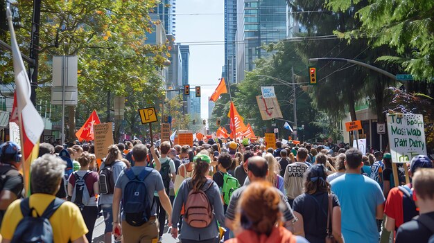 Una gran multitud de personas está marchando por una calle de la ciudad la gente está sosteniendo carteles y cantando eslóganes