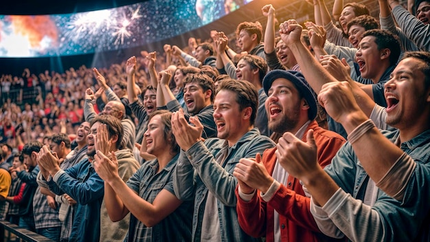 una gran multitud de personas están aplaudiendo en un teatro