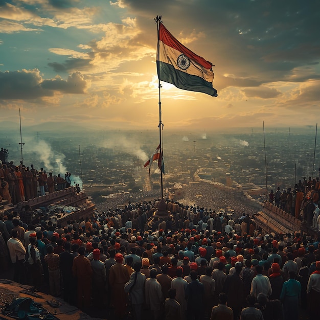 Foto una gran multitud de personas se han reunido alrededor de una bandera que dice india