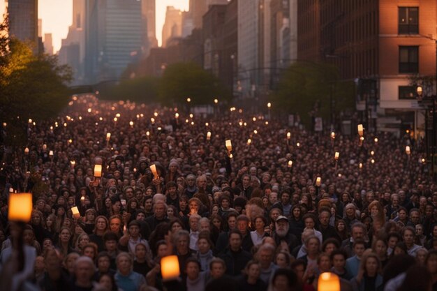 gran multitud de personas marchan al atardecer sostienen velas por los derechos de las mujeres pacíficas al atardecer en la ciudad