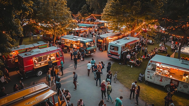 Una gran multitud de personas se reúne en un festival de camiones de comida Hay una variedad de camionesde comida cada uno sirviendo diferentes tipos de comida