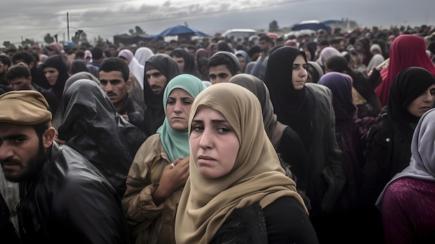 Gran multitud de refugiados de Oriente Medio en un campo de refugiados Red neuronal generada en mayo de 2023 No se basa en ninguna escena o patrón de persona real