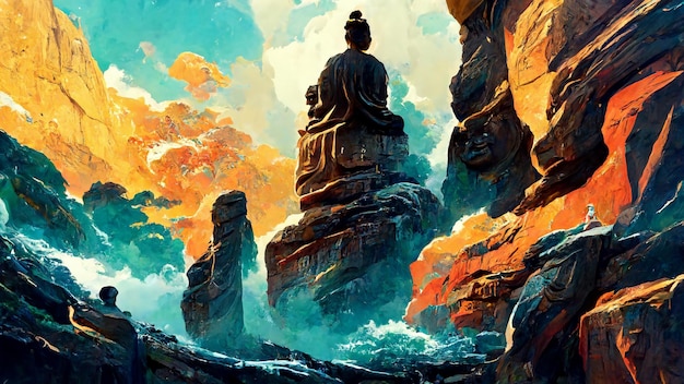 Gran mural de Buda en la pared de roca ilustración 3D