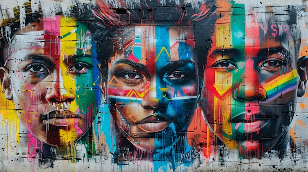 un gran mural colorido de personas con caras de diferentes colores